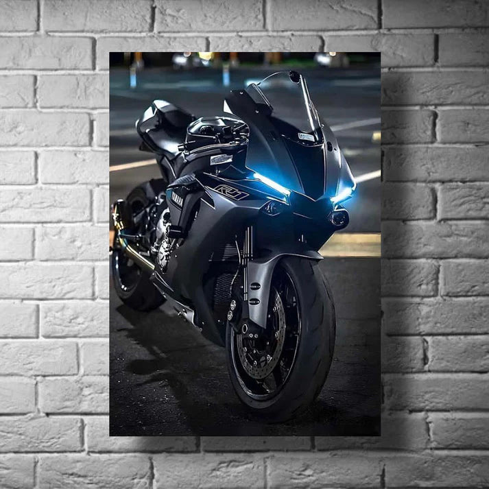Poster of the Yamaha YZF-R1 superbike in racing blue, displayed as motorcycle wall art