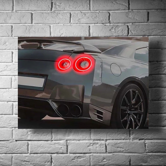 GearXpress poster celebrating the Nissan GTR "Godzilla" legacy, displayed as JDM legend wall art