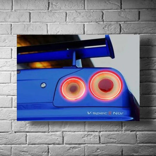 GearXpress poster of the legendary Nissan Skyline GTR R34, displayed as JDM "Godzilla" wall art